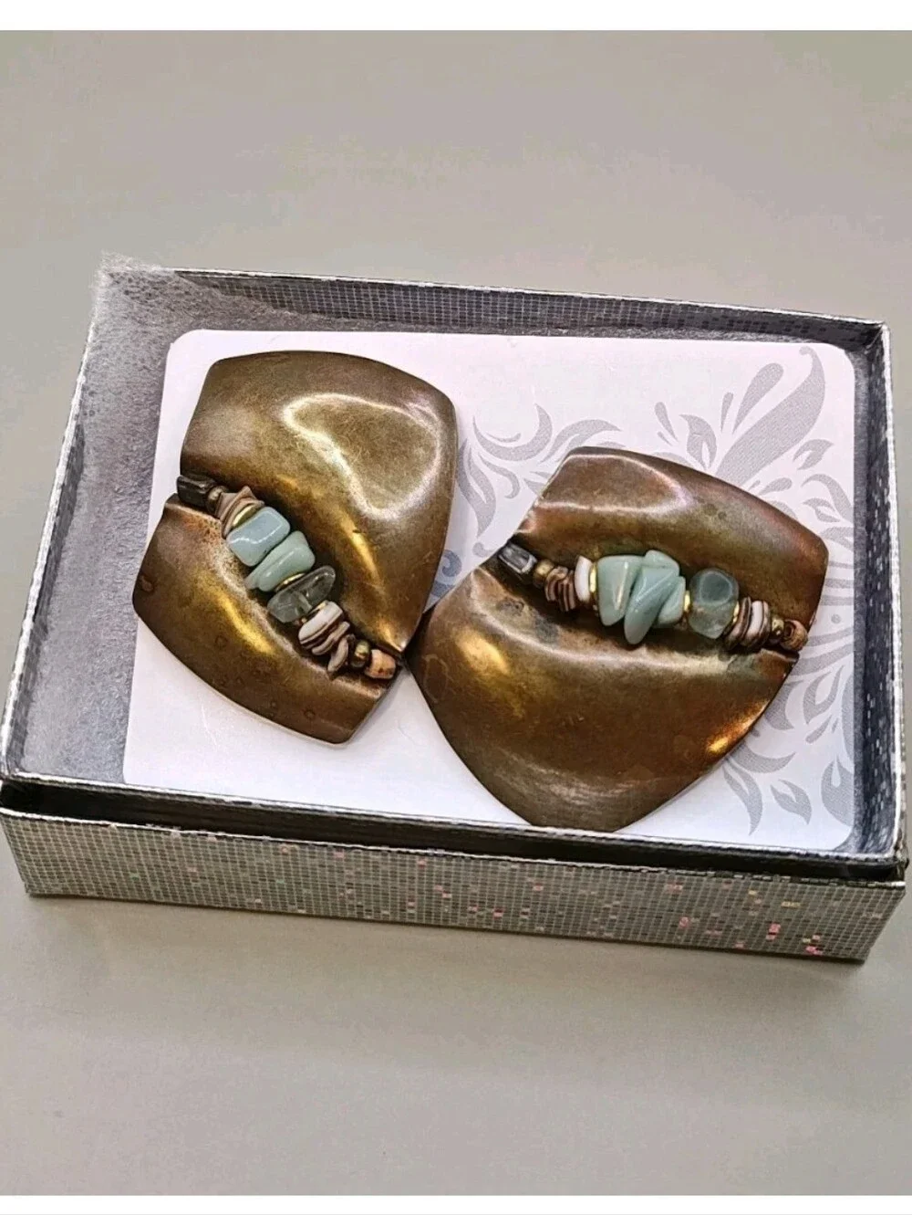 Elaine Coyne Artesian Crystal Chips Brass Metal Earrings Modern Brutalist Chunky